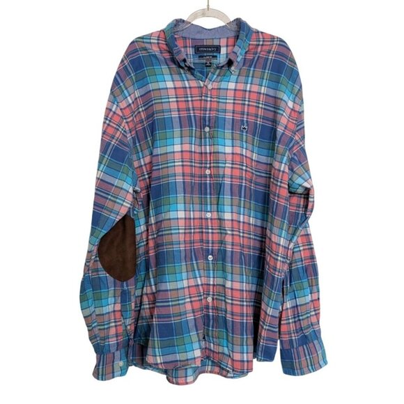 Crown & Ivy Plaid Southern Shirting Shirt Mens Size XL Blue Elbow Patches Preppy - Picture 1 of 11